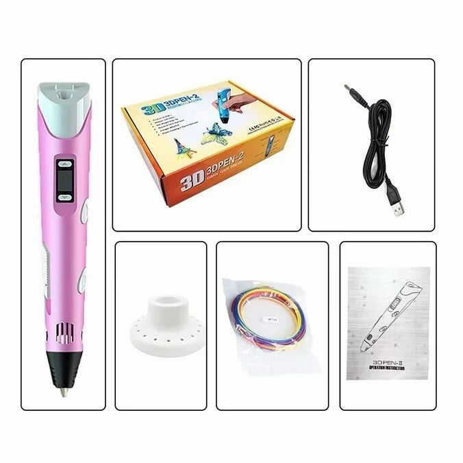 3D printing pen kit contents including pen, stand, USB cable, filament and manual