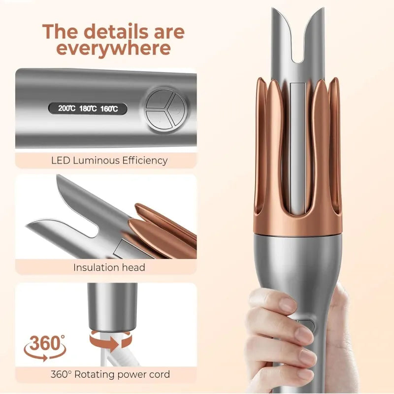 Automatic hair curler temperature display, insulated head and rotating cord