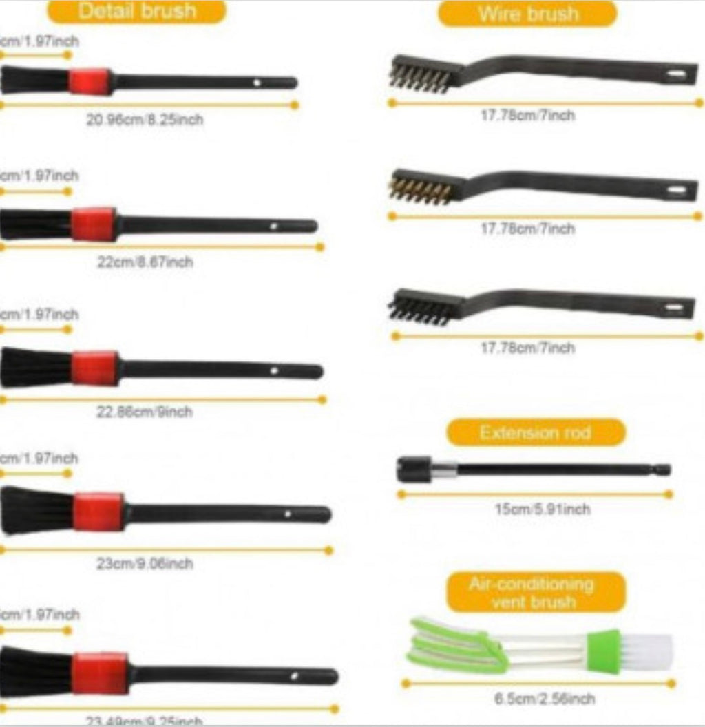 Detailing brushes, wire brushes, extension rod and vent brush dimensions