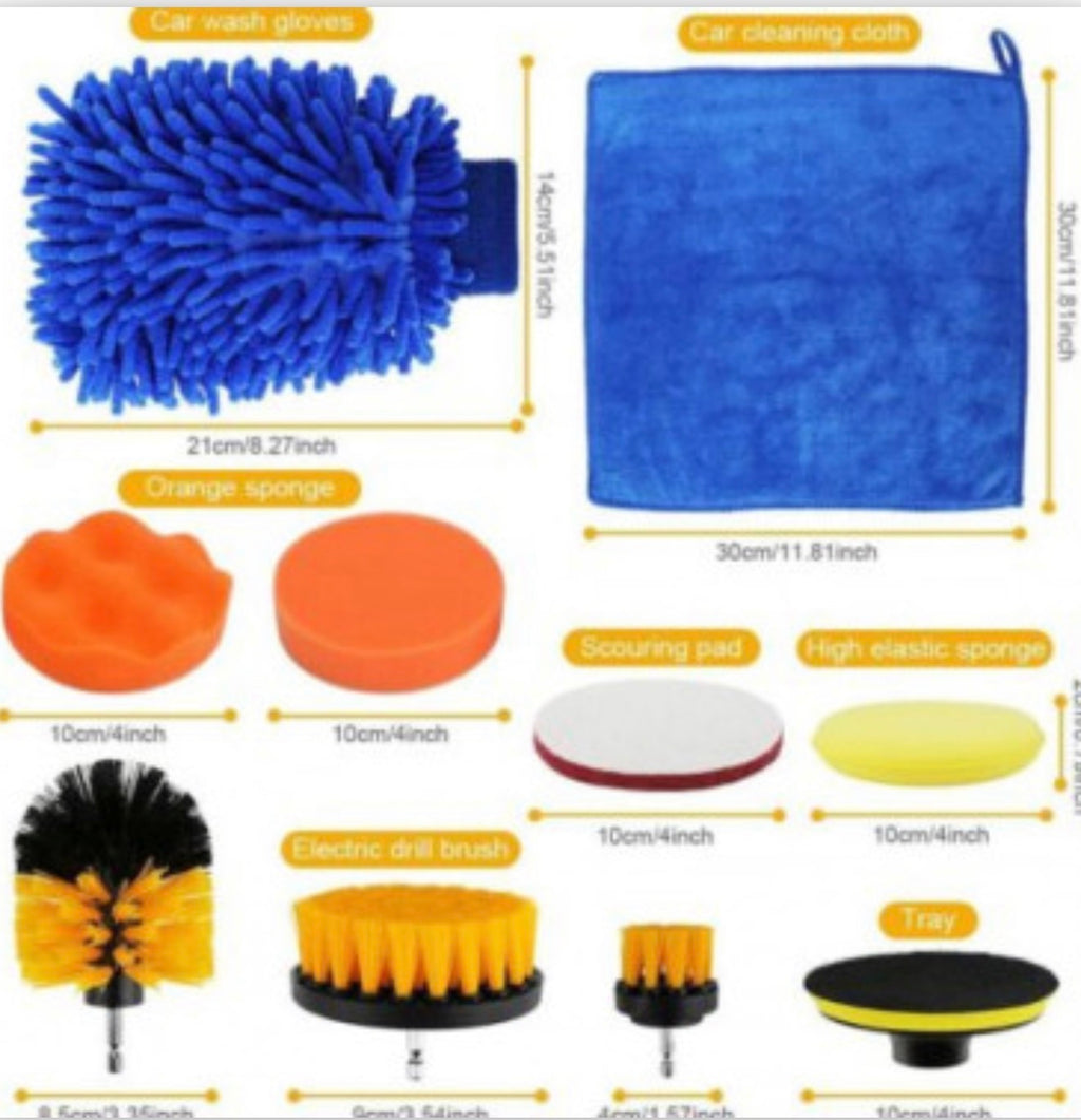 Car wash mitt, microfibre cloth, sponges and drill brush attachments