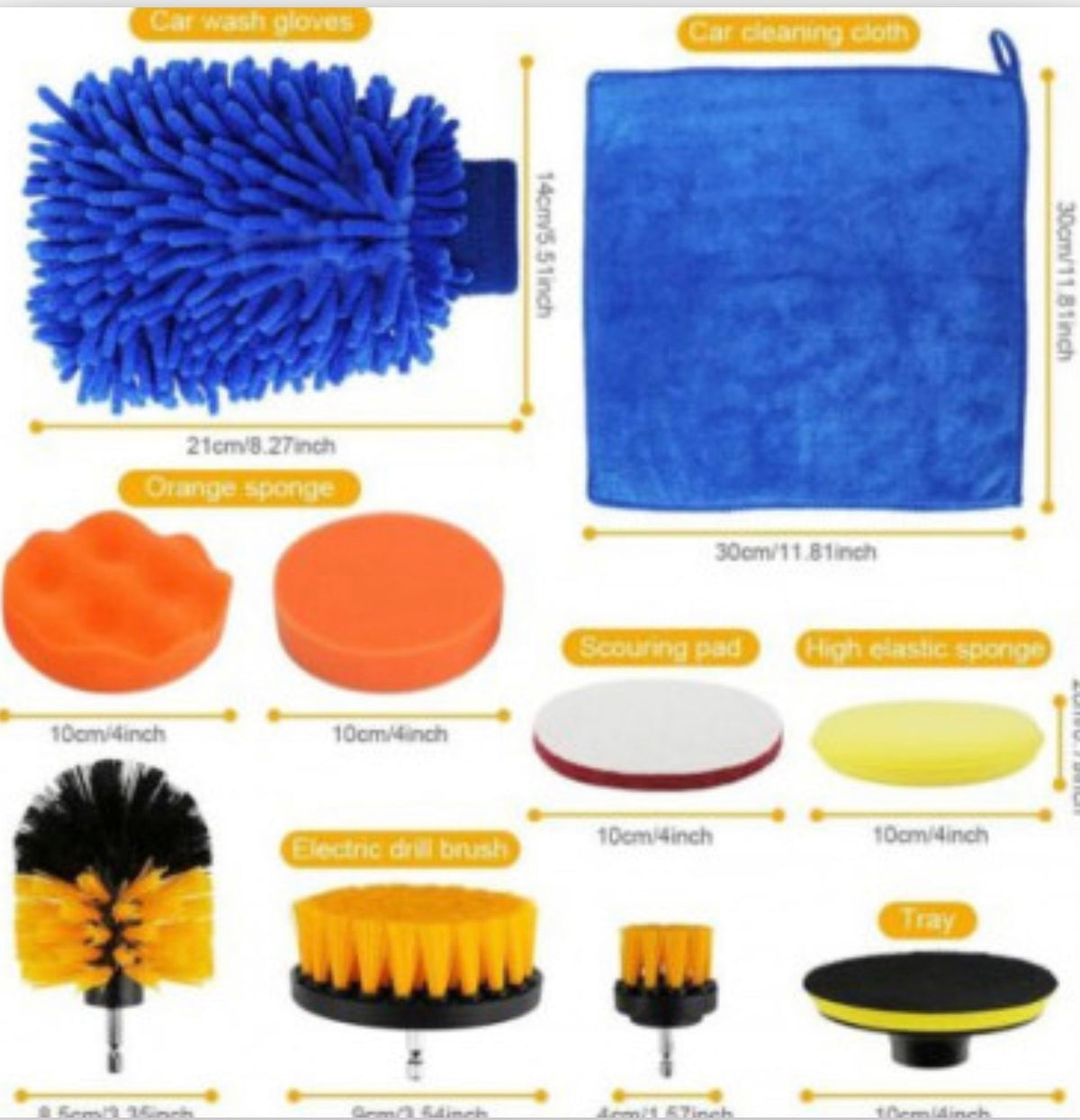 Car wash mitt, microfibre cloth, sponges and drill brush attachments