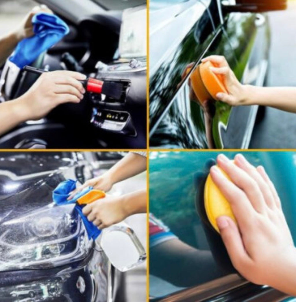 Car detailing kit brushes and sponges in use